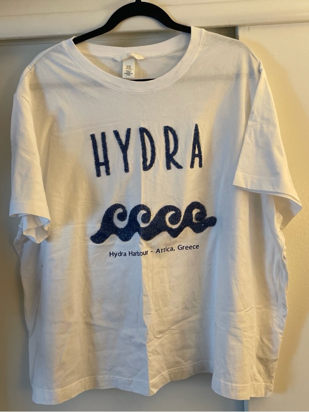 H&M White "HYDRA" Graphic Tee with Navy Blue Wave Design